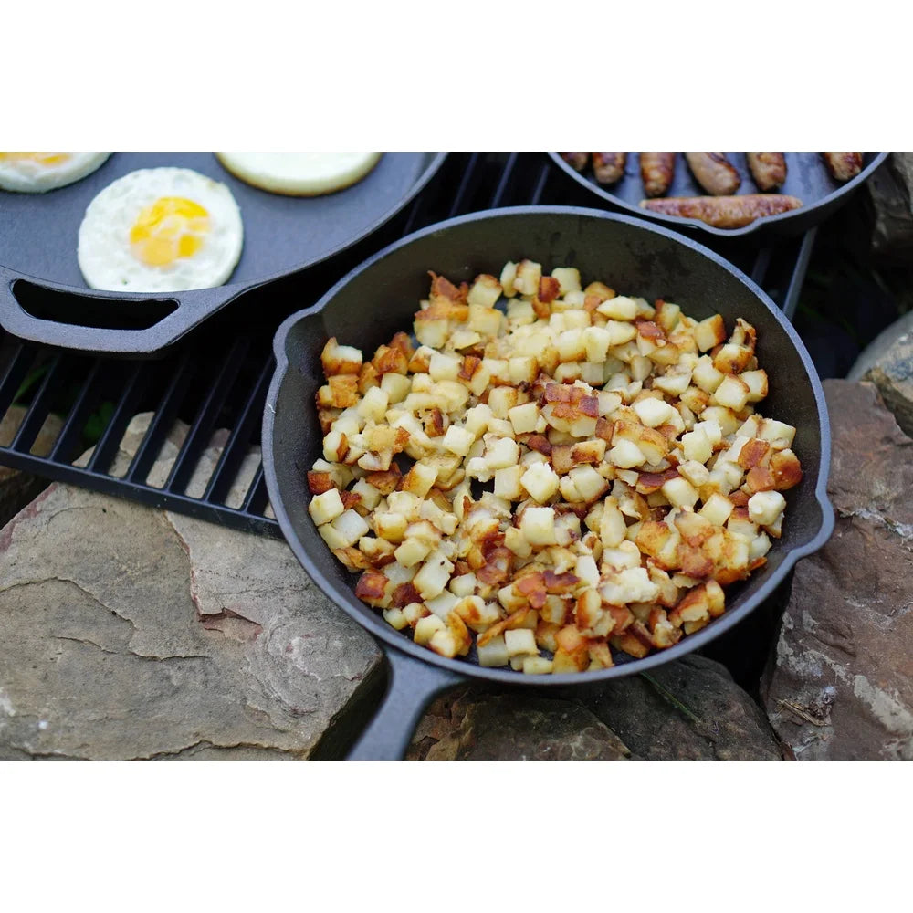 Pre-Seasoned Cast Iron Skillet 10.5 Inch Heat Distribution Versatile Cooking Nonstick Surface Campfire Safe Easy Drain Pour