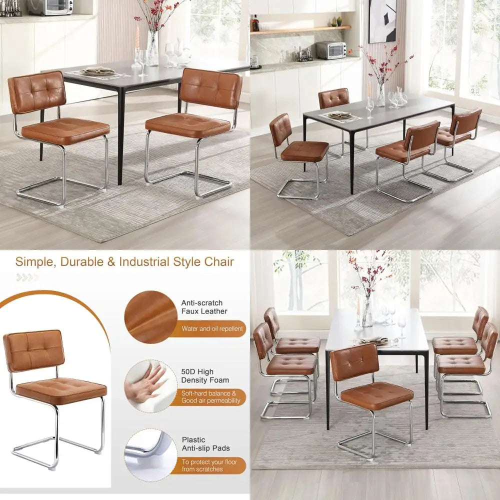 Mid Century Modern Upholstered Leather Dining Chairs, Set of 2 with Stainless Steel and Chrome Legs