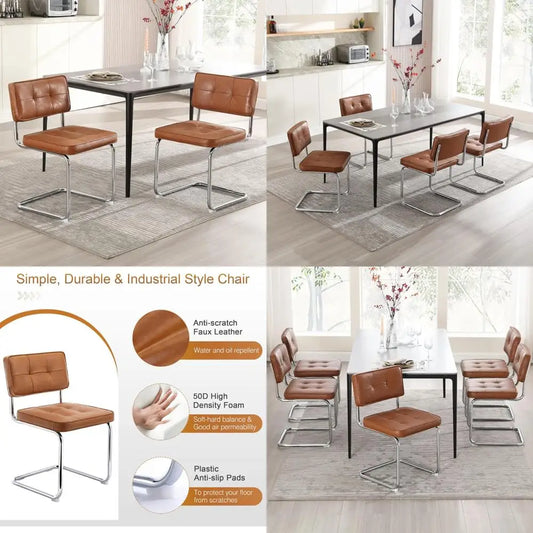 Mid Century Modern Upholstered Leather Dining Chairs, Set of 2 with Stainless Steel and Chrome Legs