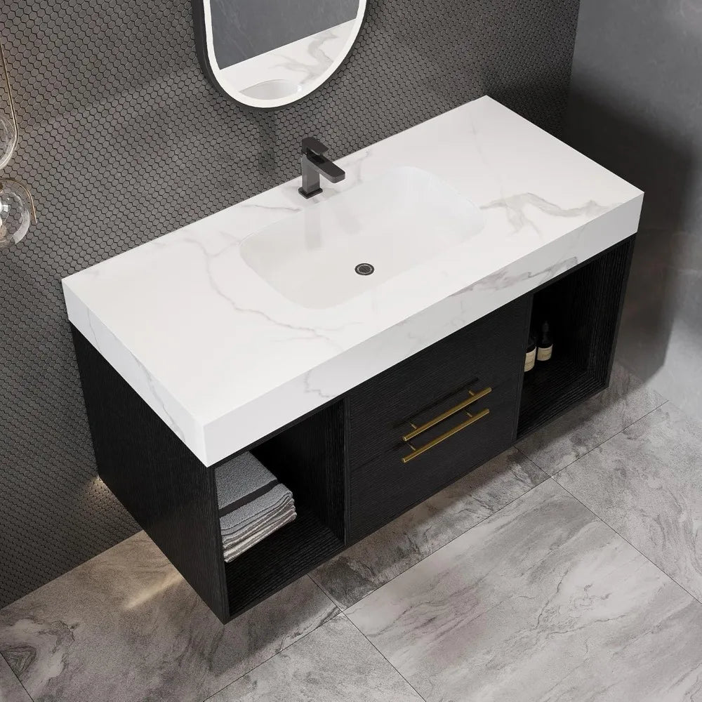 40 inch Modern Floating Bathroom Vanity with Sink, Wall Mounted Bathroom Cabinet with Ceramic Sink, Sintered Stone Countertop