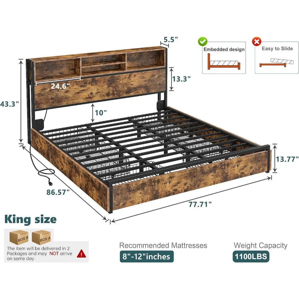 EnHomee King Size Bed Frame with 6 Storage Drawers King Bed Frame and Headboard, Storage Bed with Charging Station, No Noise,No