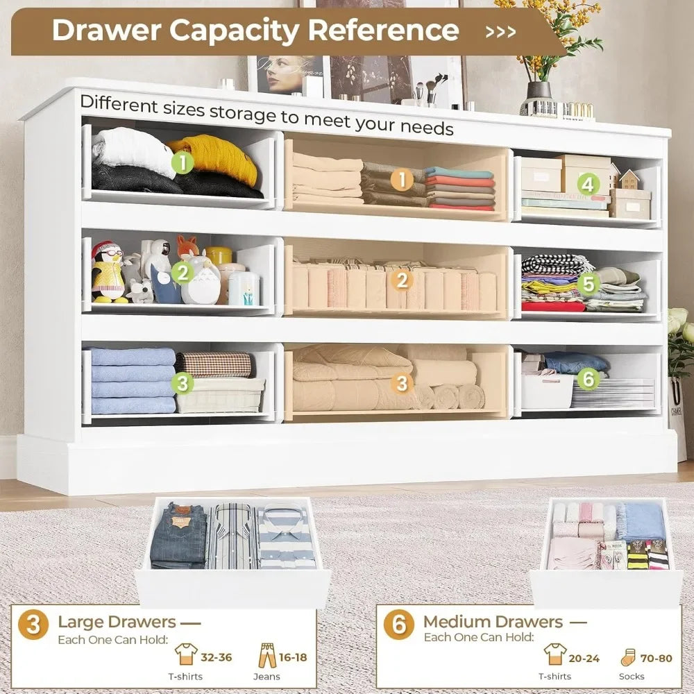 Modern White Bedroom Dresser with 9 Drawers, 61.4" Wide Dresser Chest of Drawers with Large Capacity Storage, Long Dresser