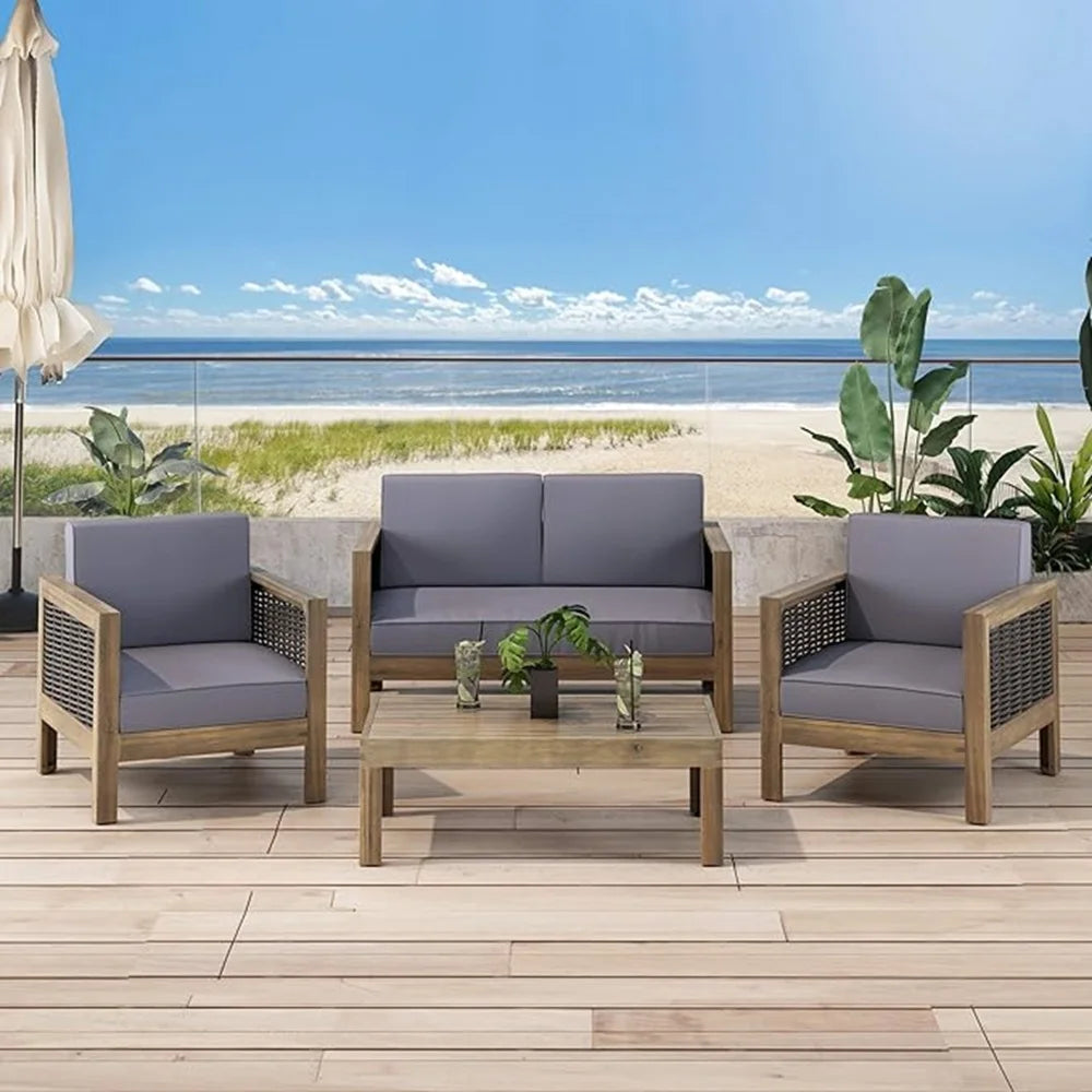 Outdoor Acacia Wood Club Chair with Wicker Accents, Teak Finish ,Mixed Brown,Beige,Patio Furniture Conversation Set for Backyard