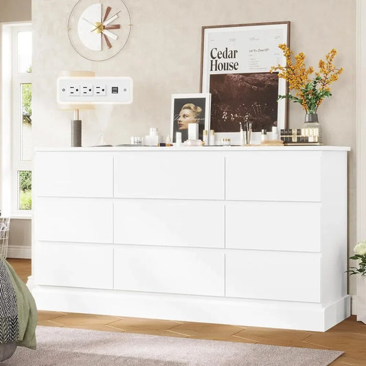 Modern White Bedroom Dresser with 9 Drawers, 61.4" Wide Dresser Chest of Drawers with Large Capacity Storage, Long Dresser