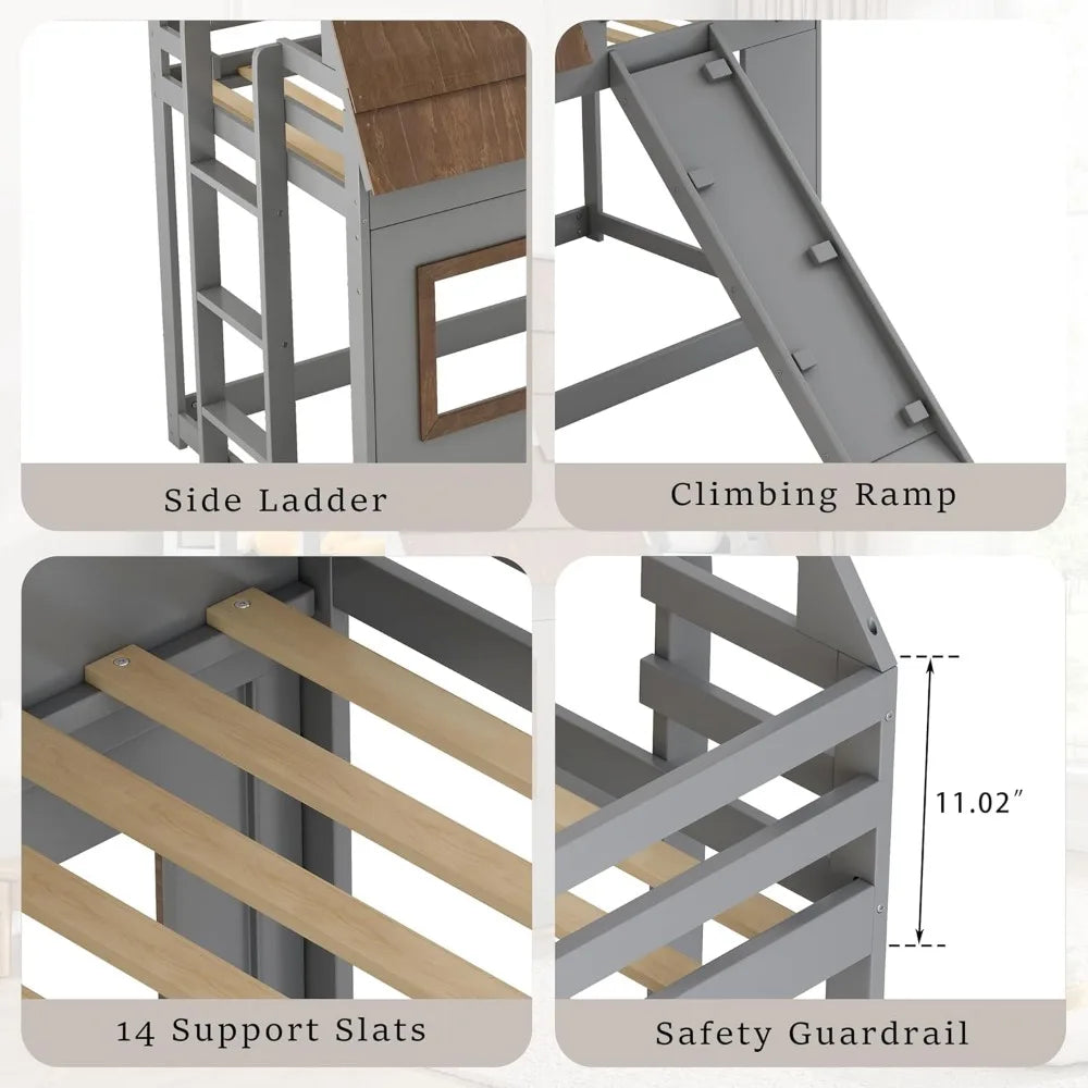 Twin Over Twin Wood Bunk Bed With Window Roof Guardrail