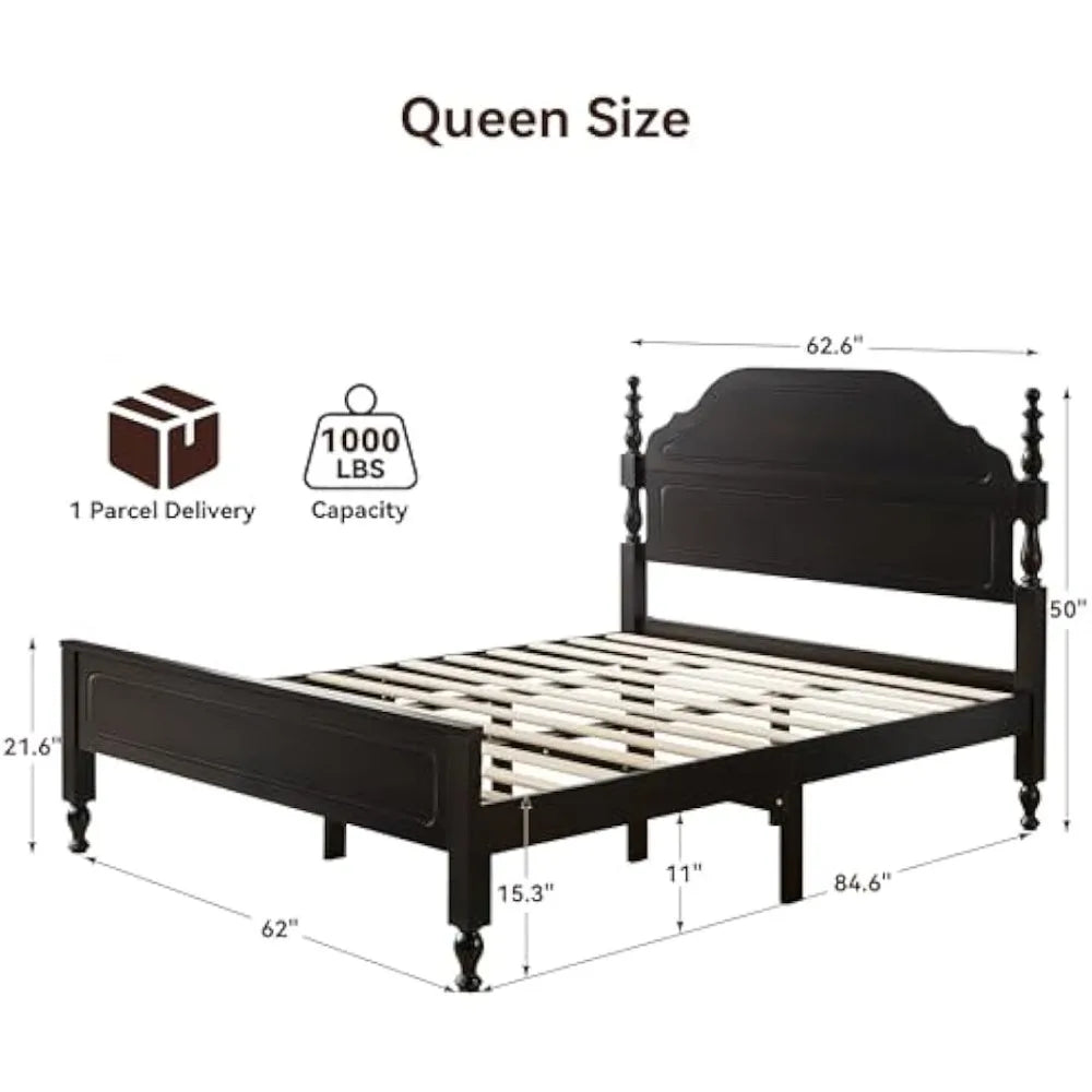 BedsPick Solid Wood Bed Frame Queen Size, Wooden Retro Style Queen Bed Frame with Headboard and Footboard, Heavy Duty Bed Frame