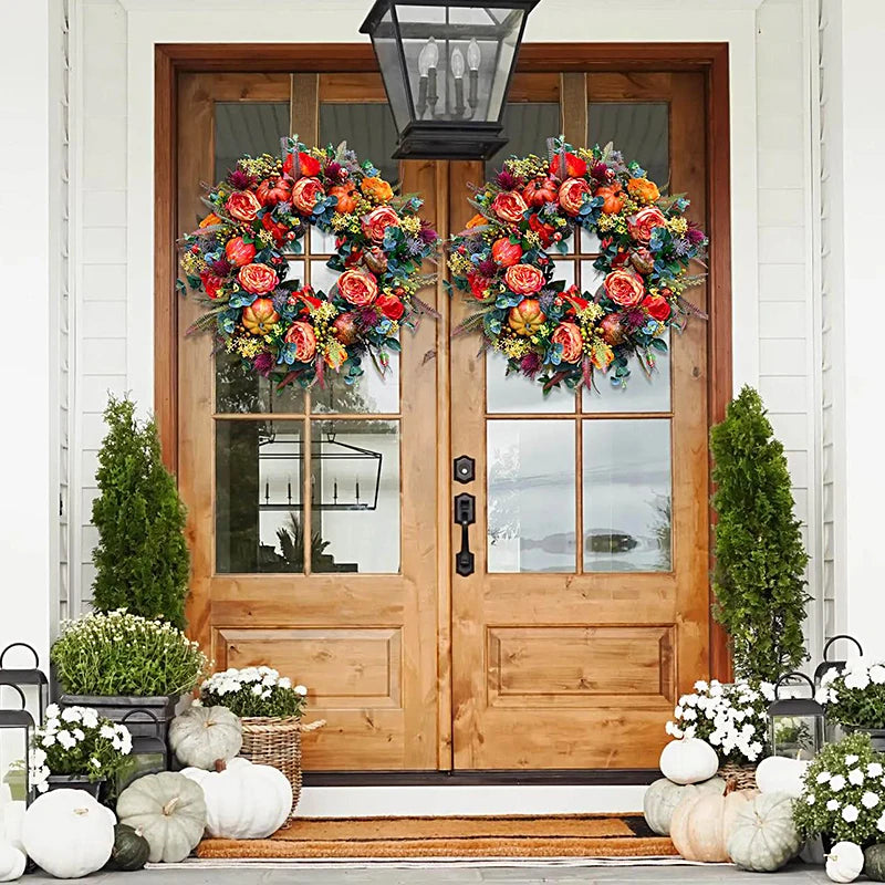 Peony Pumpkin Wreath Decorative Artificial Autumn Garland Festival Theme Front Door Wreath Farmhouse Party Decoration