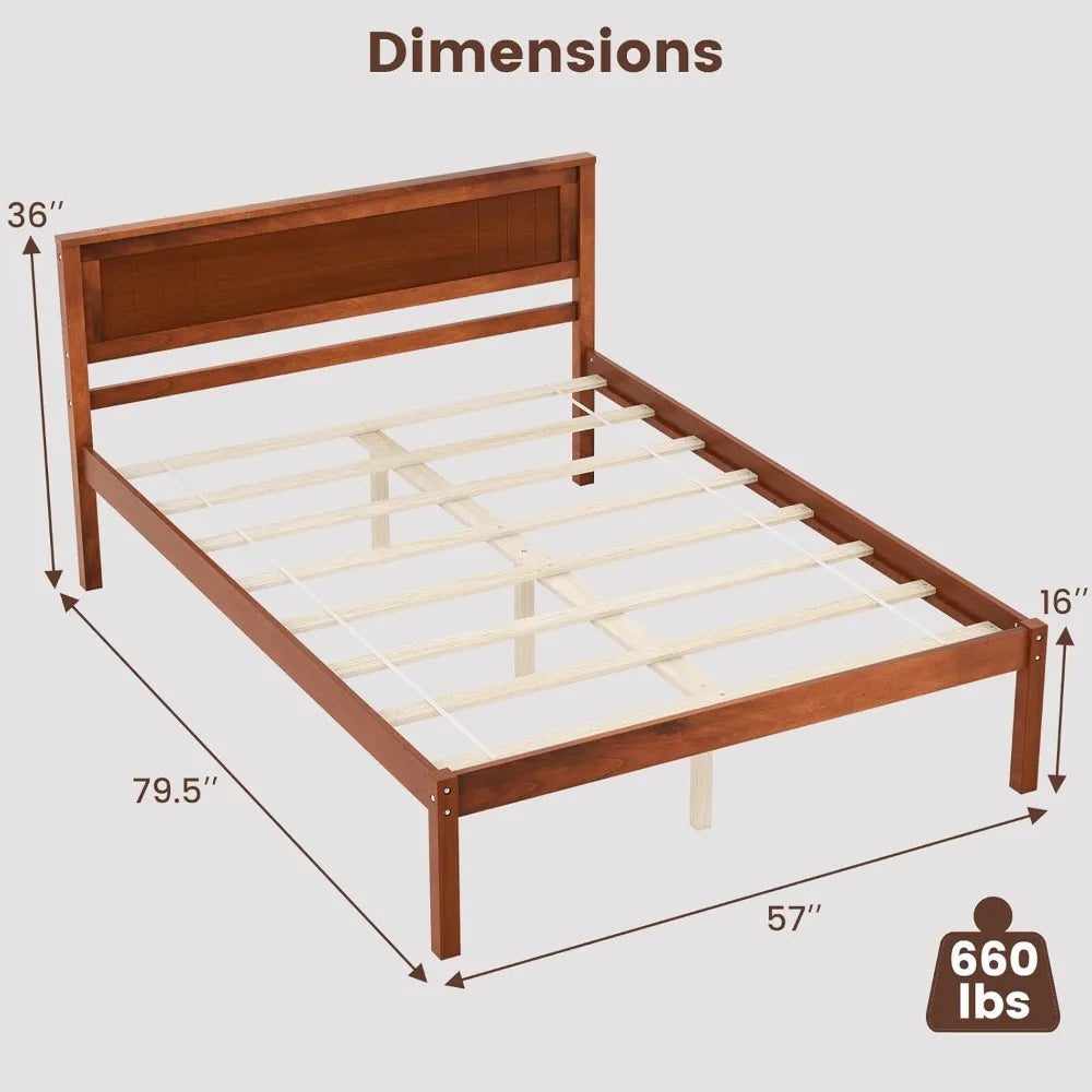 Full Size Wood Platform Bed with Headboard, Mid Century Solid Wood Full Bed with Slat Support, Double Bed Frame with 16" Under