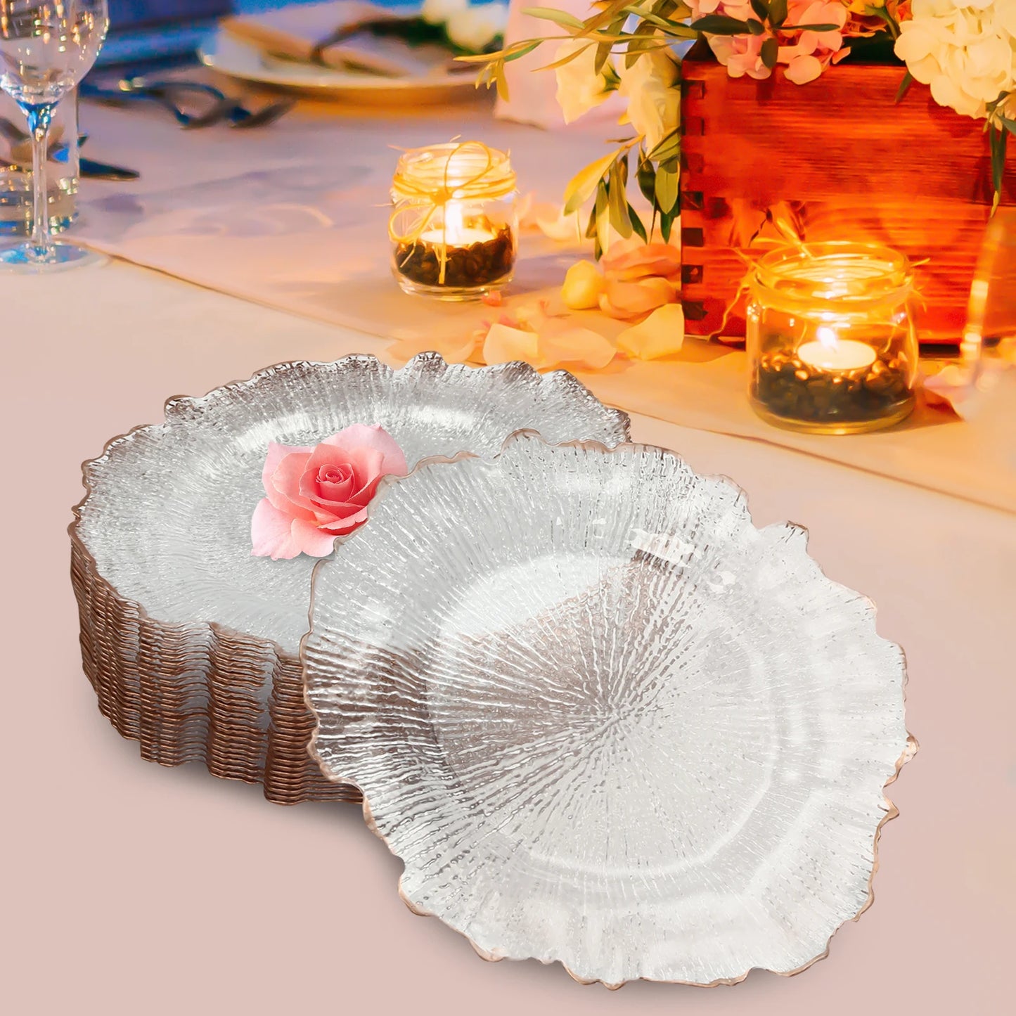 25pcs 32cm Gold/Rose Clear Table Charger Plates Dinner Charger Plates For Banquets, Weddings, Bridal Showers