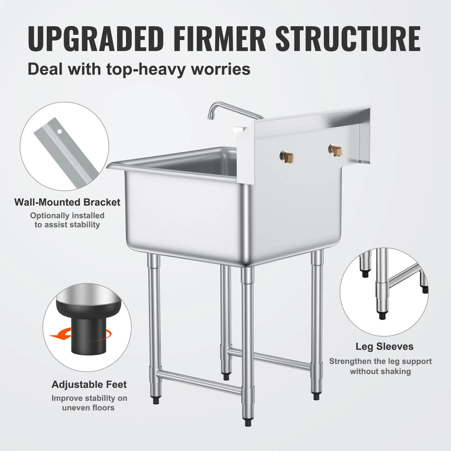 SucceBuy Stainless Steel Kitchen Prep & Utility Sink 1 Compartment Restaurant Commercial Steel Sink w/Faucet for Restaurant Home