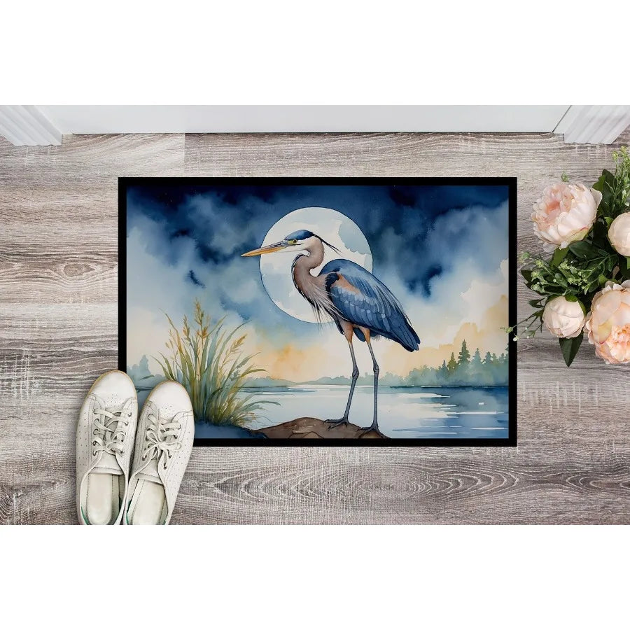 Blue Heron Under the Moonlight Doormat Front Door Mat Indoor Outdoor Rugs for Entryway Non Slip Washable Low Pile 24H X 36W