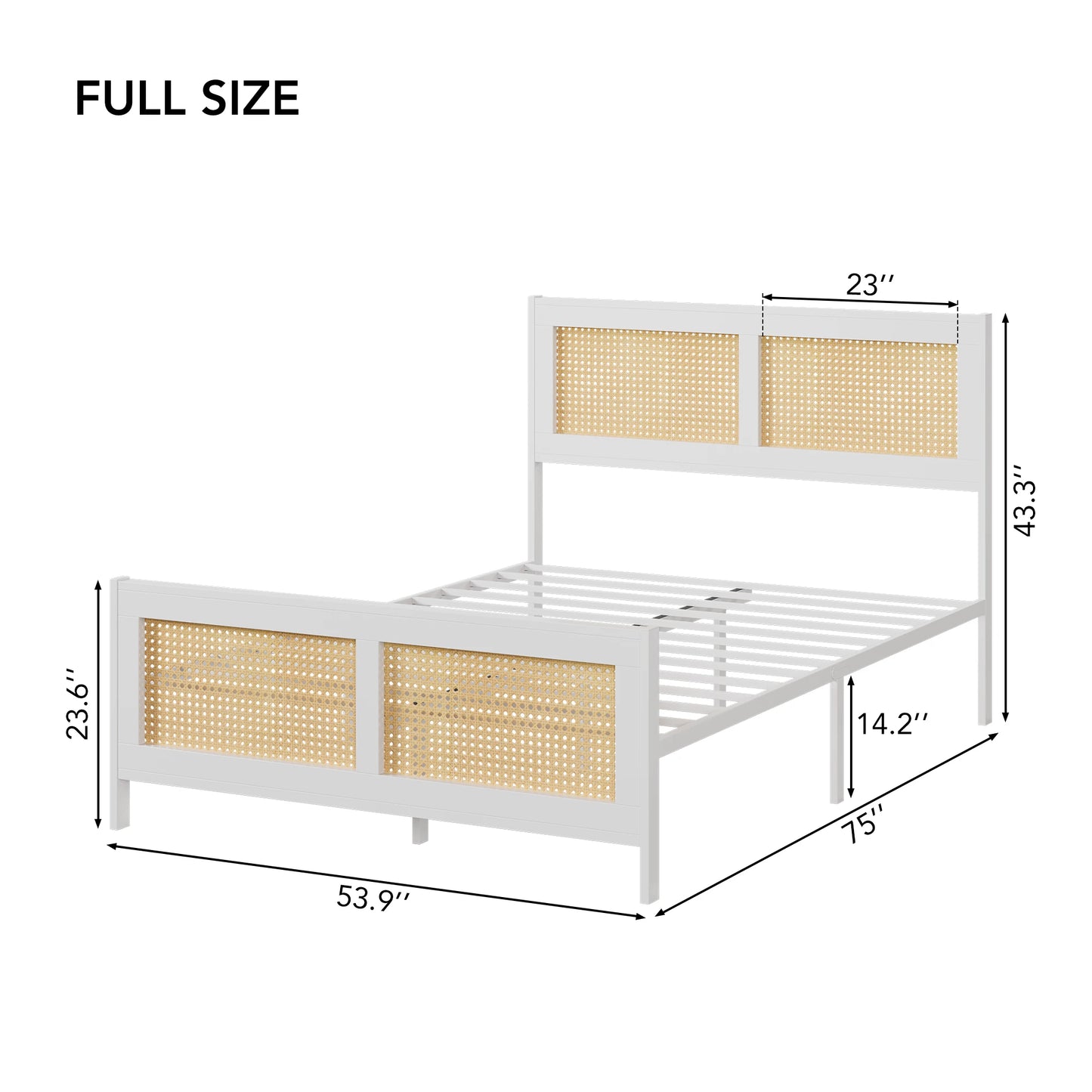 KING/QUEEN/FULL Size Rattan Bed Frame with Headboard, White Boho Cane Platform Bed Frame with Strong Metal Slat, Noise Free