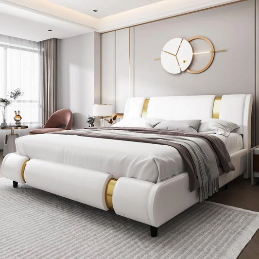 TTVIEW Modern Faux Leather Upholstered Platform Bed Frame with Golden Iron Metal Decor, Adjustable Curved Headboard, Wooden Slat