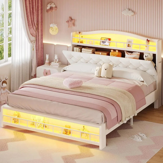 Full Size Upholstered Girl Bed with LED Lights & Charging Station, Princess Platform Bed with Hidden Storage Headboard, No Box S