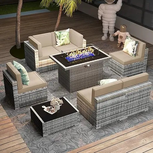 8 Pieces Patio Furniture Set with 44" Propane Gas Fire Pit Table, Outdoor Sectional Wicker Conversation Sofa Sets with Coffee Ta