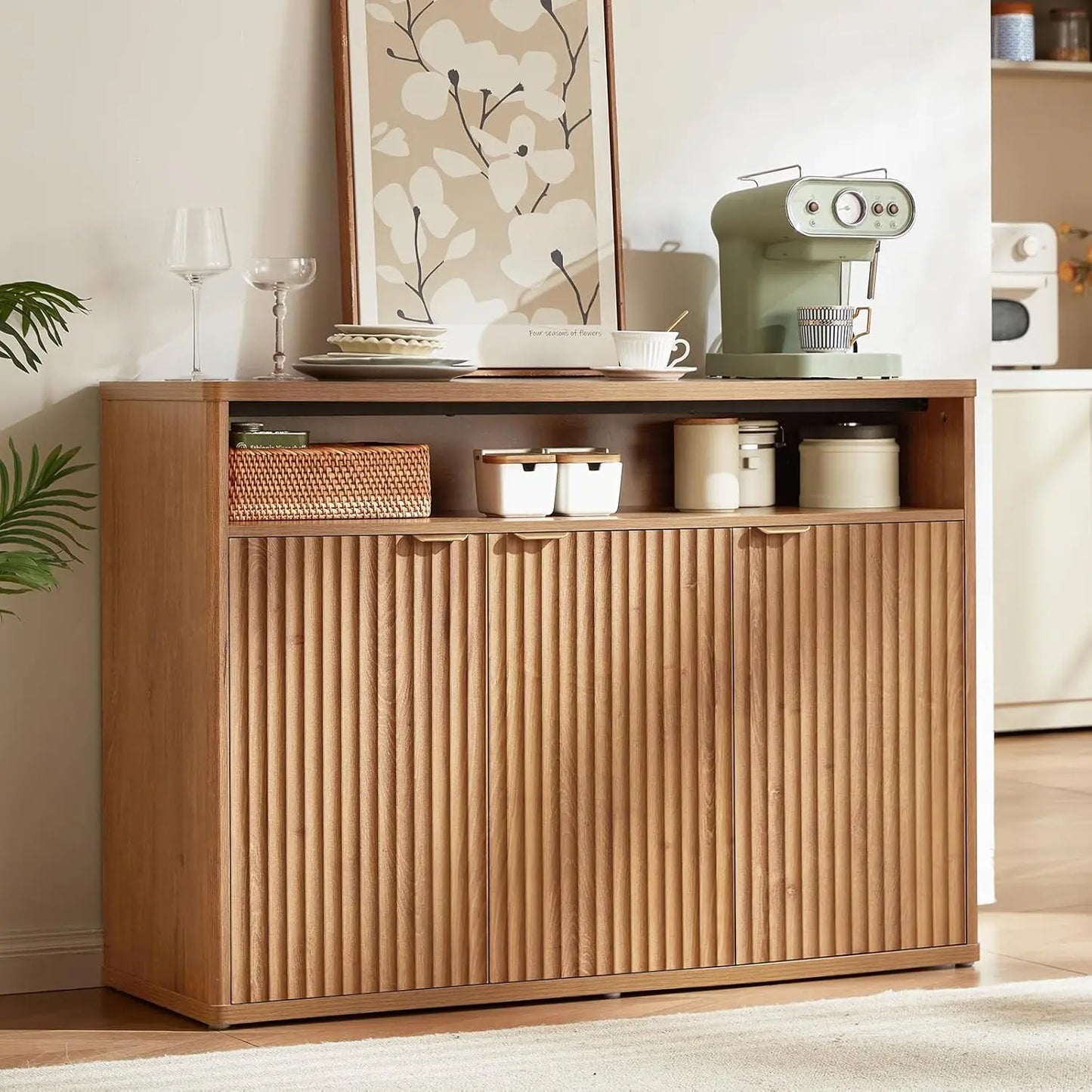 55" Wide Luted Buffet Cabinet with 4 Doors & Open Shelf | Modern Wood Sideboard for Dining/Kitchen Entryway