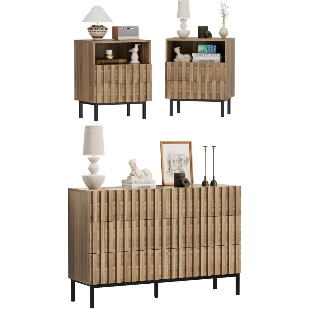 3 Piece Dresser and Nightstand Sets for Bedroom, 43" Matching 6 Drawer Dresser & Nightstand Set of 2, Modern Fluted Solid Wood