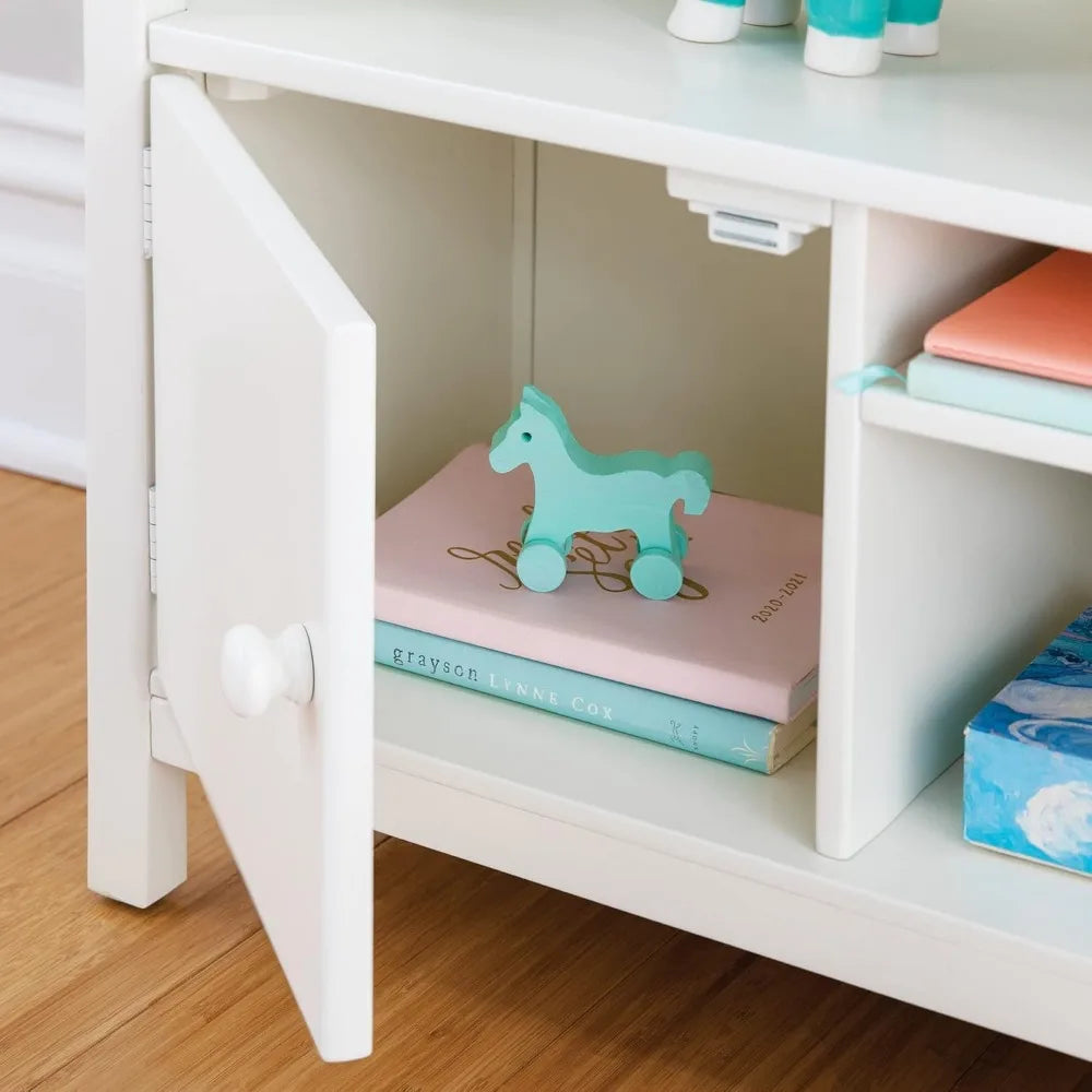 Kids Jr. Dollhouse Bookcase - Creamy White: Wooden Organizer Shelves with Two Storage Compartments for Books, Dolls