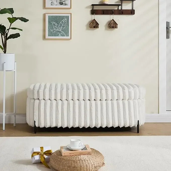 Huanzhuang Faux Rabbit Fur Storage Ottoman Bench Metal Legs