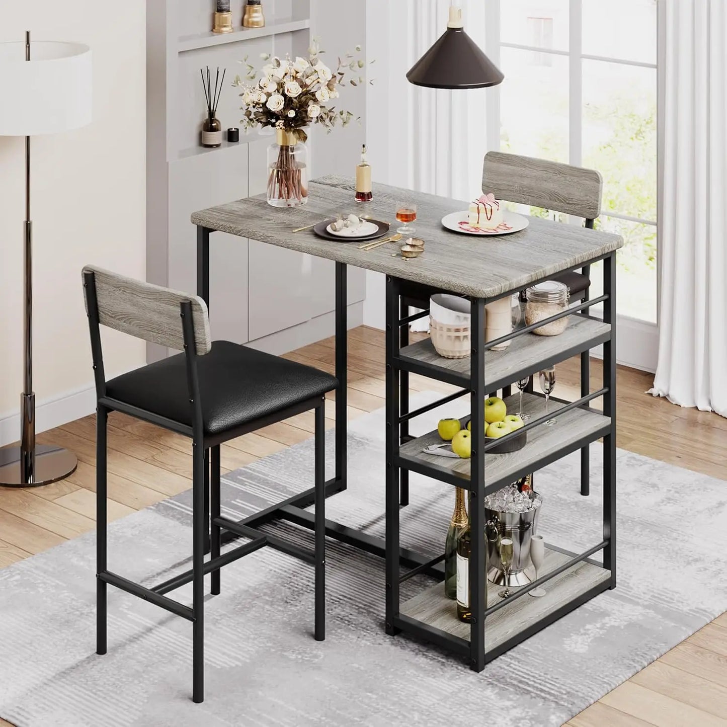3-Piece Bar Table and Chairs Set with 3 Tier Storage Shelves, Dining Table Set for 2 with PU Cushion Bar Chairs & & MDF Board To