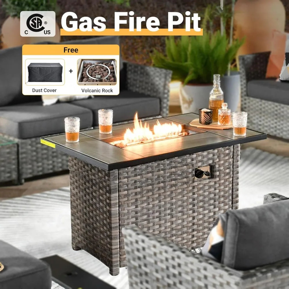 16 Pieces Patio Furniture Conversation Set,with 42" Fire Pit Table Rocking Chair,Outdoor Sectional Gray Wicker Sofa Set