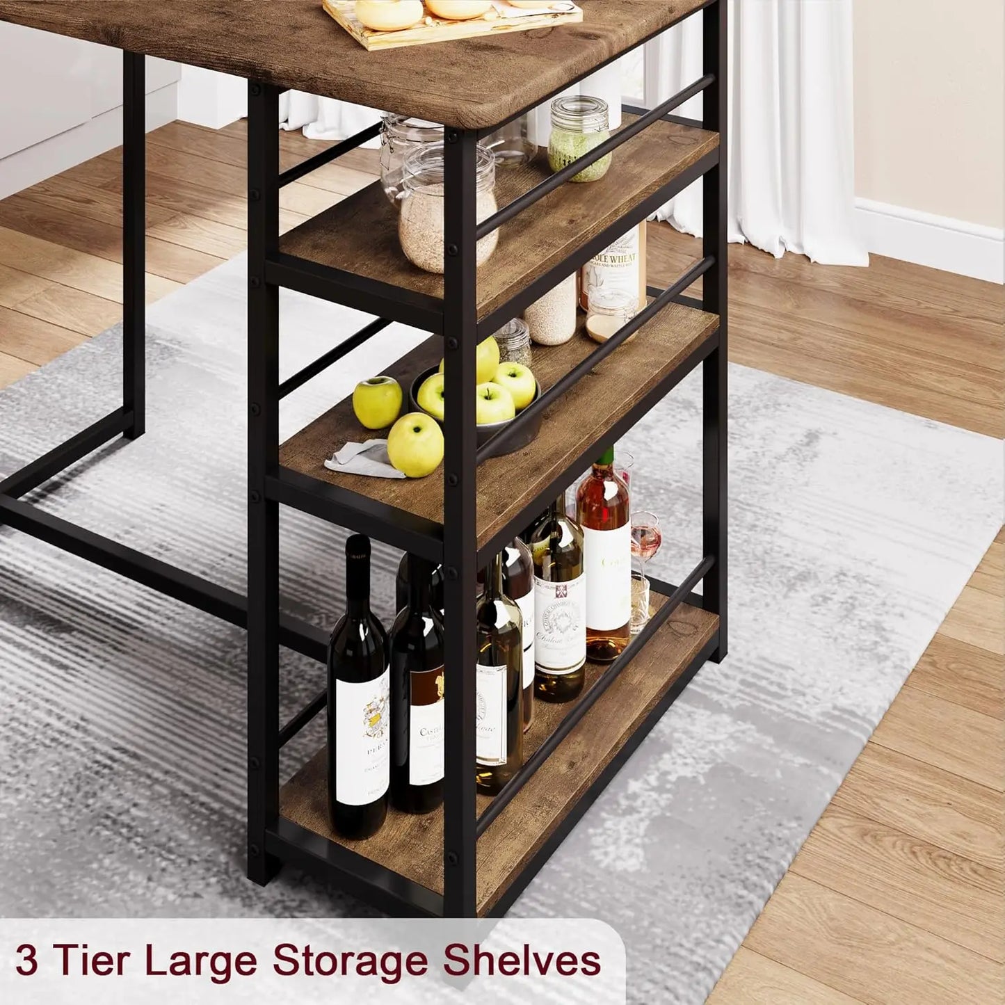 3-Piece Bar Table and Chairs Set with 3 Tier Storage Shelves, Dining Table Set for 2 with PU Cushion Bar Chairs & & MDF Board To