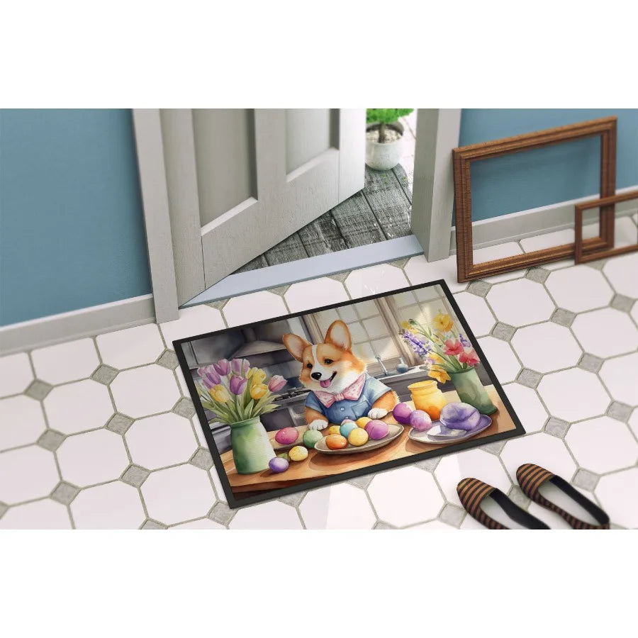 Drating Easter Corgi Doormat Front Door Mat Indoor Outdoor Rugs for Entryway Non Slip Washable Low Pile 24H X 36W