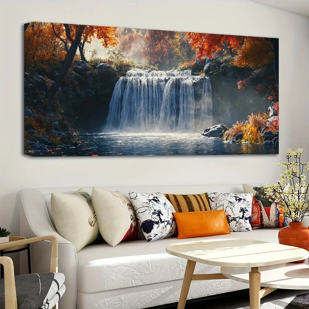 Forest Waterfall Mural in Pine Wood Frame Wall Art
