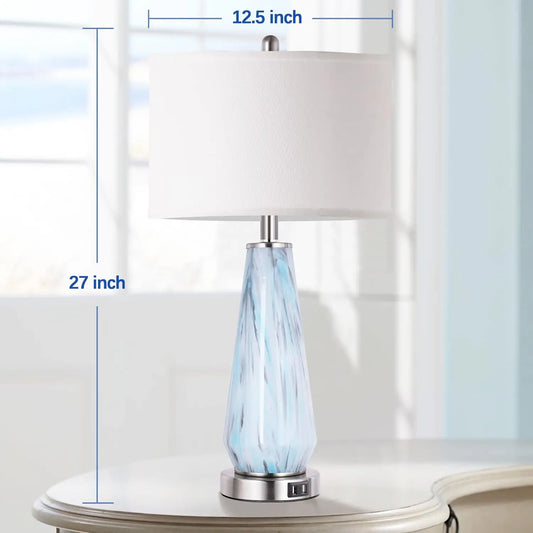 odern Table Lamp Set of 2 Touch Control, 27" Tall Faded Swirl Blue Gray Art Glass Bedside Lamp with USB Ports, 3-Way Dimmable