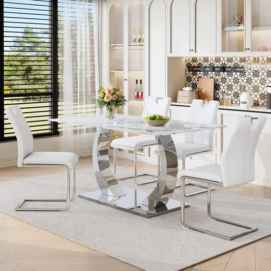 Modern 63-inch Dining Table Set with 4 Upholstered Chairs, White Glass Top & Adjustable Stainless Steel Base, Convertible for
