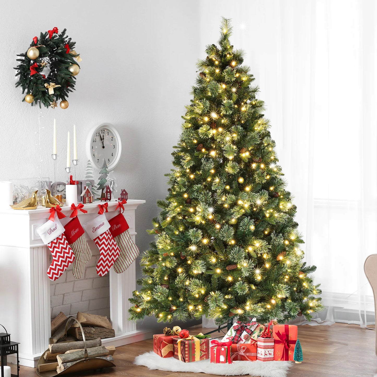 "6ft Auto Tree Structure, PE/PVC, 500 Warm Lights, 9 Modes, Remote Control, 900 Branches with Pine Needles, Green Christmas Tree