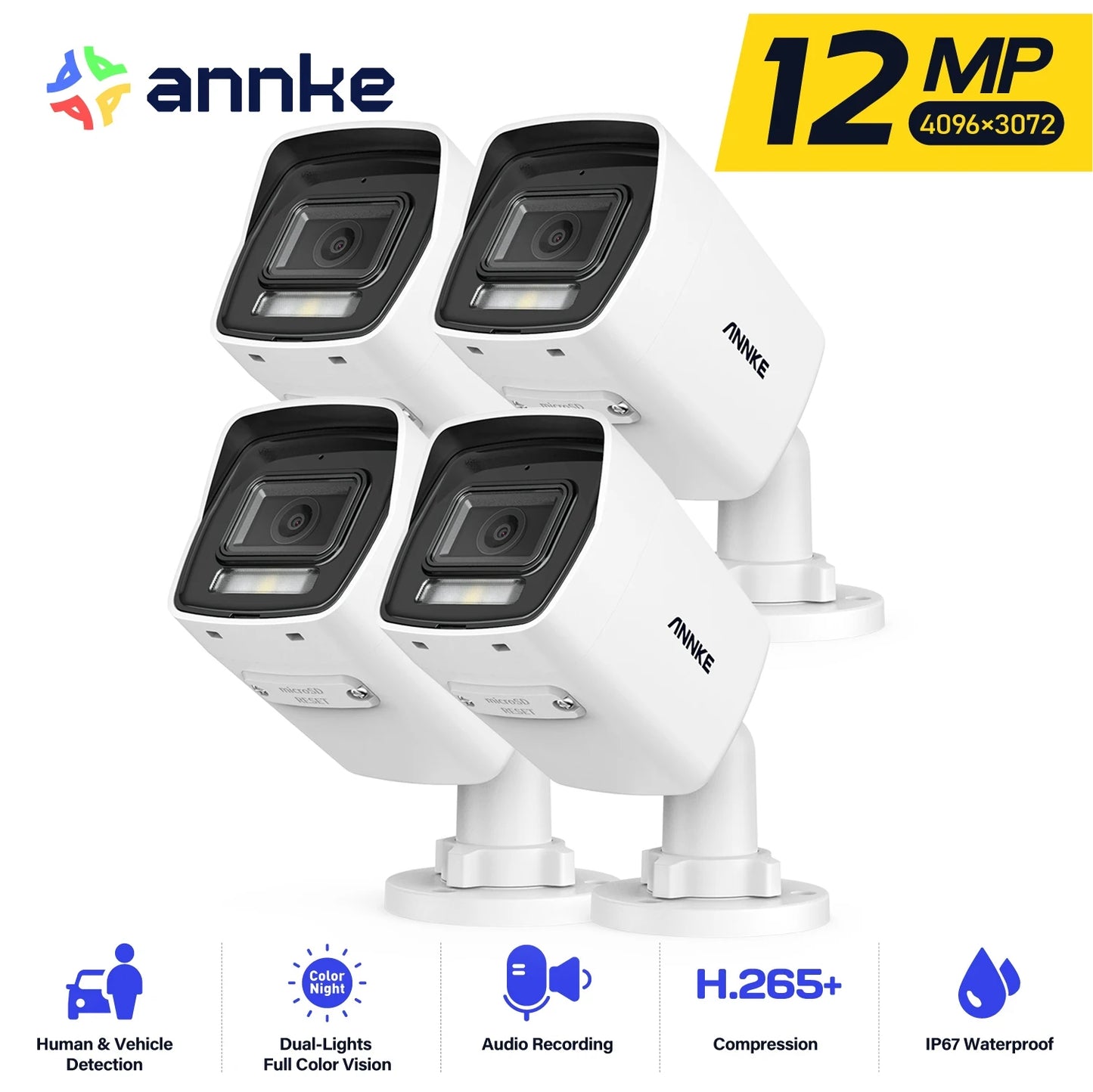 Annke 6K Dual Light Audio Fixed Bullet Camera Human Vehicle Detection 12MP HD IP Security Camera Poe 256G SD Storage ONVIF IP67