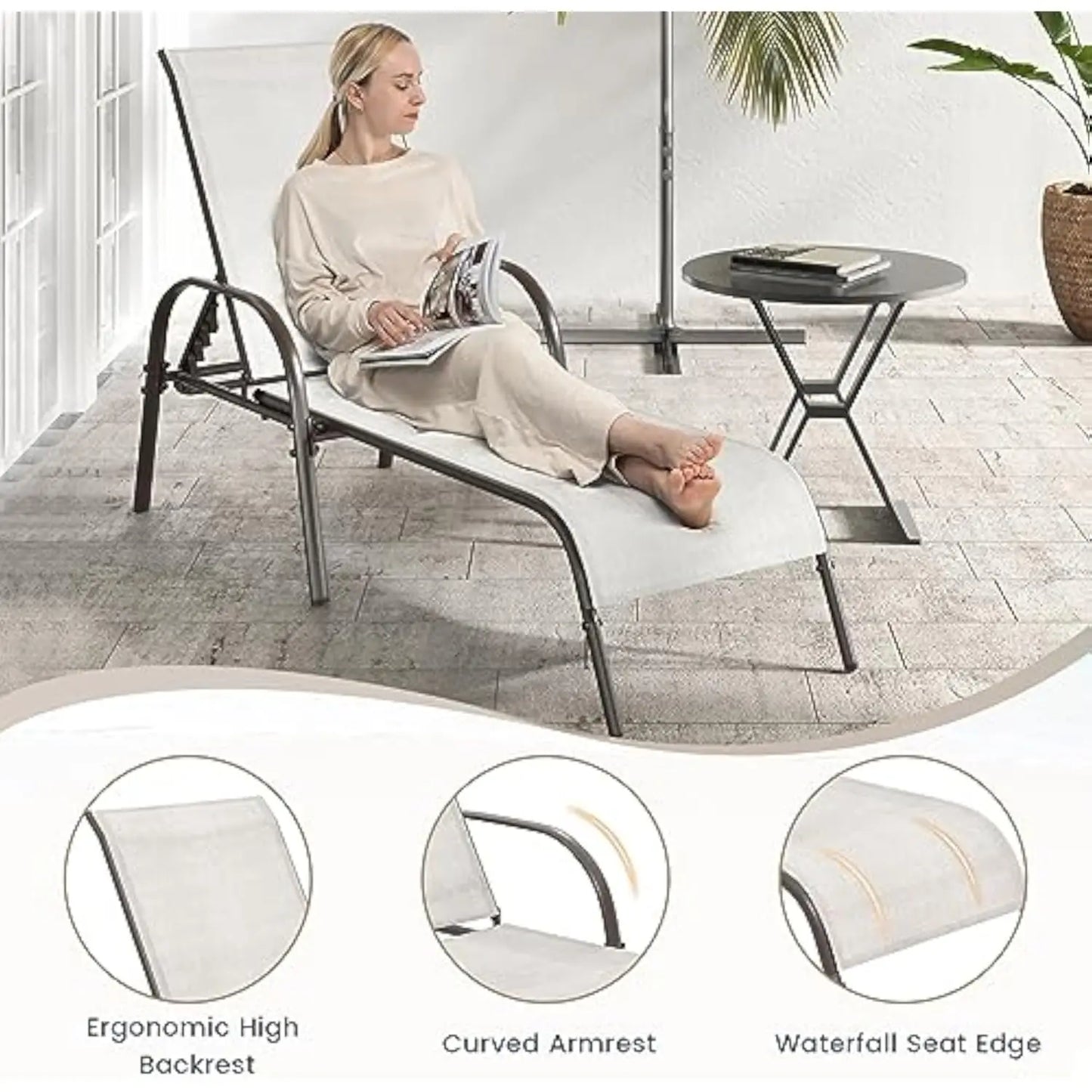 Set of 2 Patio Lounge Chair Outdoor Chaise Lounge with 5 Adjustable Backrest  Sturdy Steel Frame Sunbathing Recliner Beach Chair