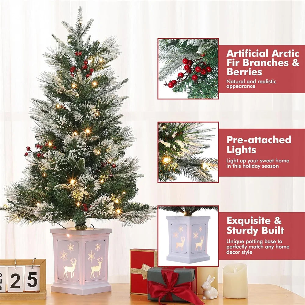 3FT Prelit Artificial Christmas Tress with 78 Lights, Elk Deer Base, Snow Flocked Xmas Tree for Christmas, Bedroom, Window Decor