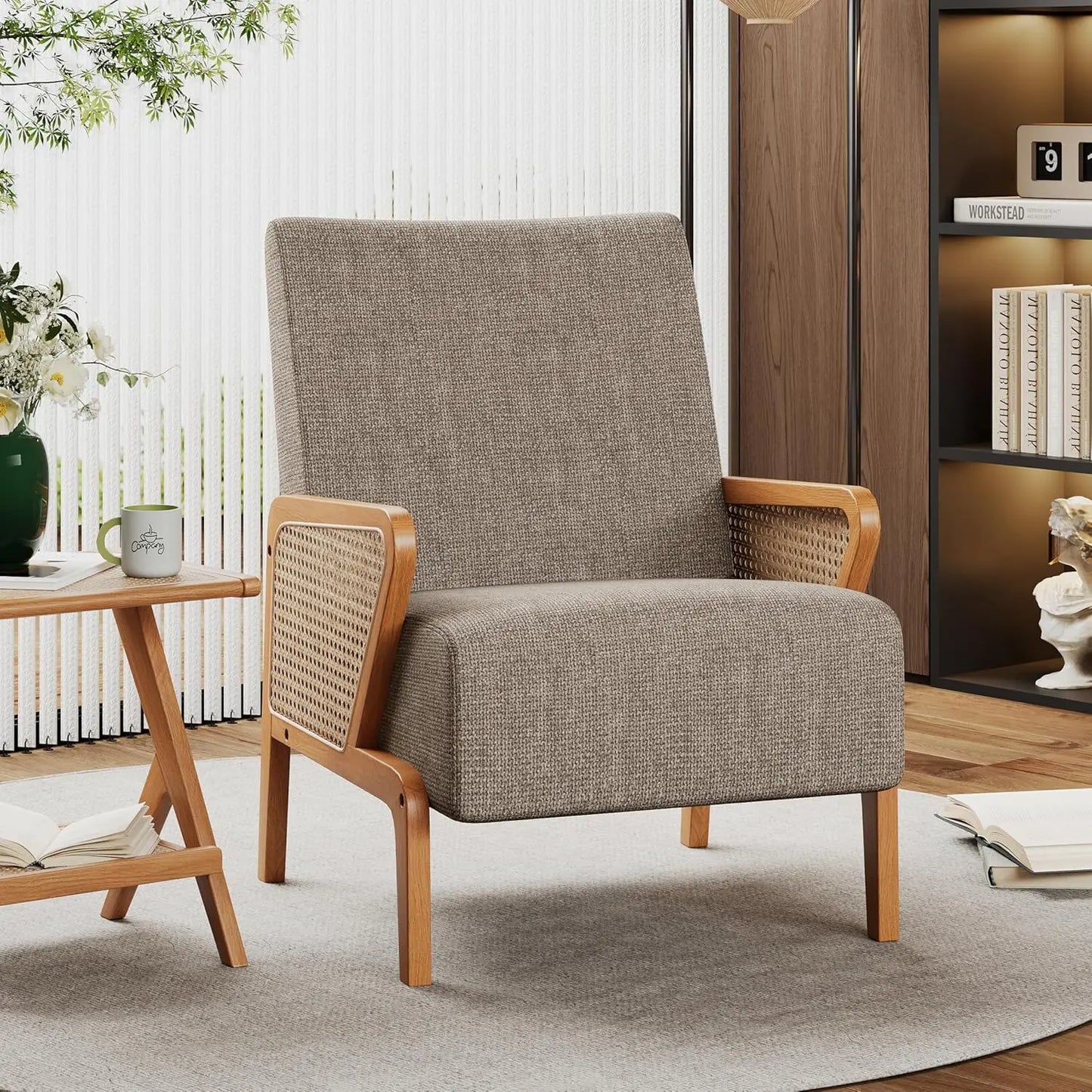 Brown Accent Chair Set of 2 Upholstered Living Room Chairs Natural Rattan Armchair, Modern Faux Leather Slipper