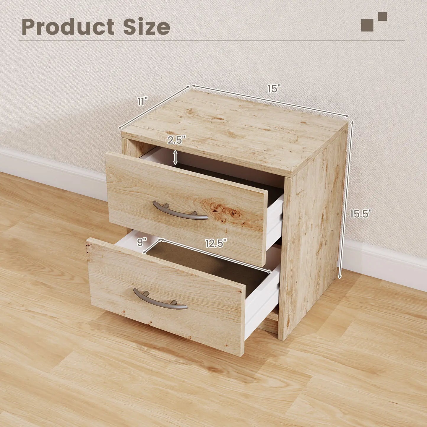 2-Drawer Nightstand Modern Bedside Table with Storage for Living Room Bedroom