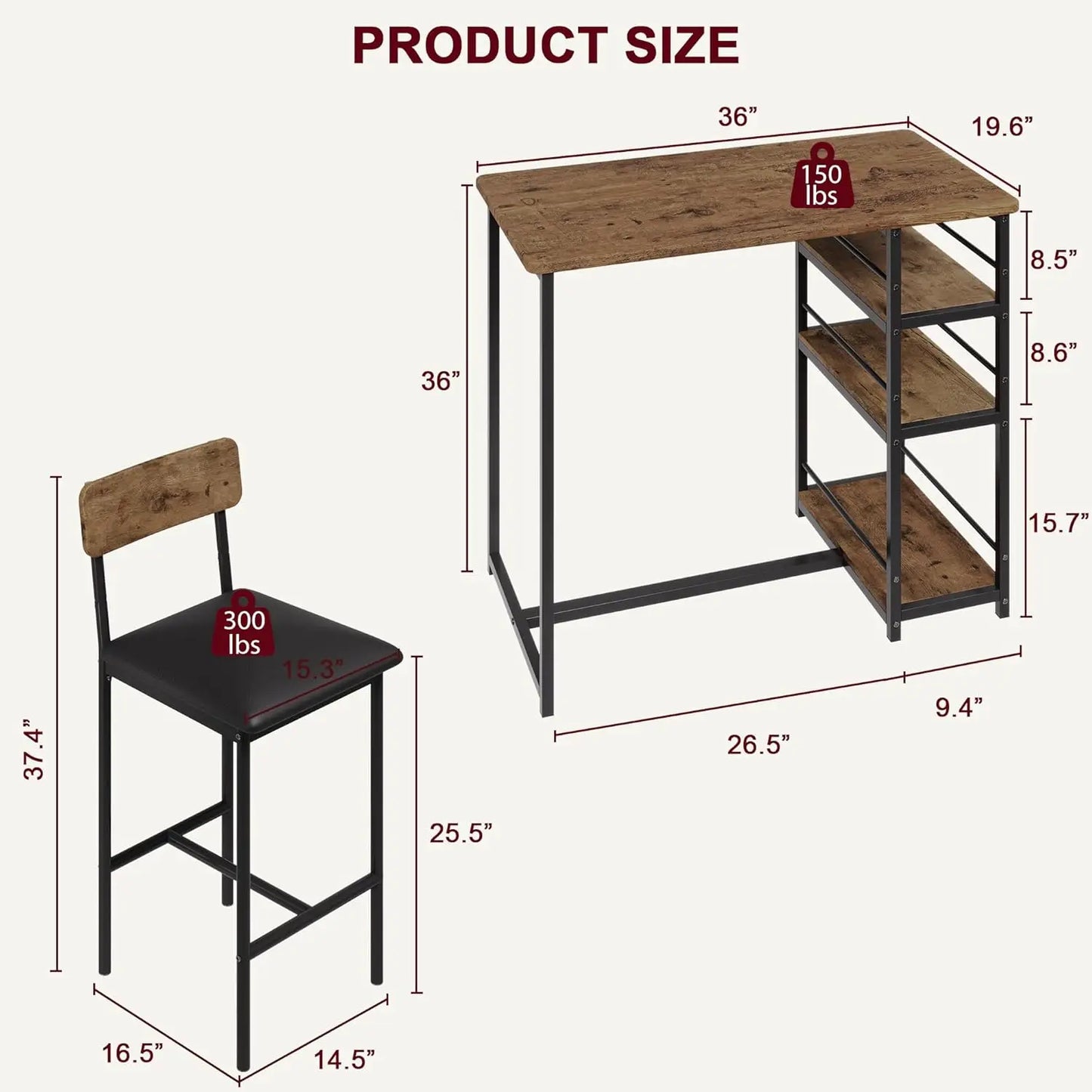 3-Piece Bar Table and Chairs Set with 3 Tier Storage Shelves, Dining Table Set for 2 with PU Cushion Bar Chairs & & MDF Board To