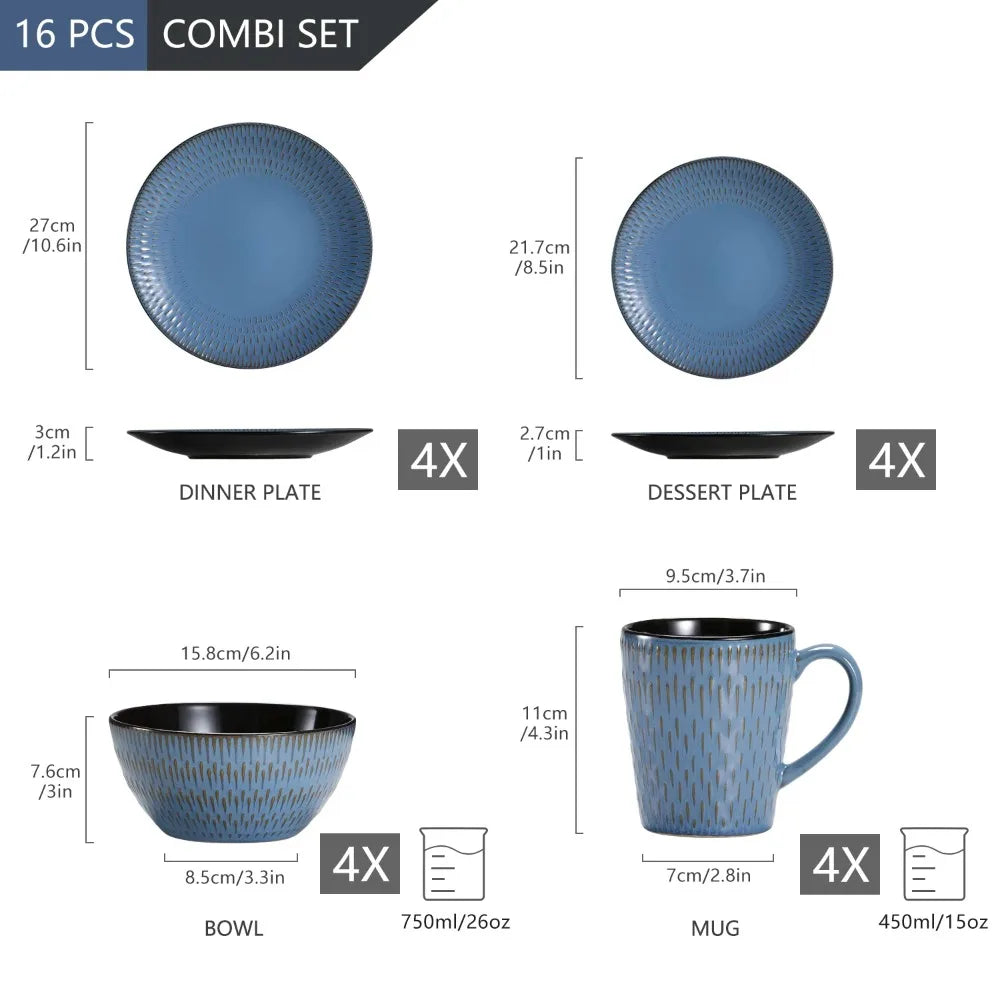 VANCASSO PLUVO 16PCS Blue Embossed Stoneware Tableware Set Home Hotel Tableware with 4 Piece Dinner/Dessert Plate/Soup Bowl/Mug