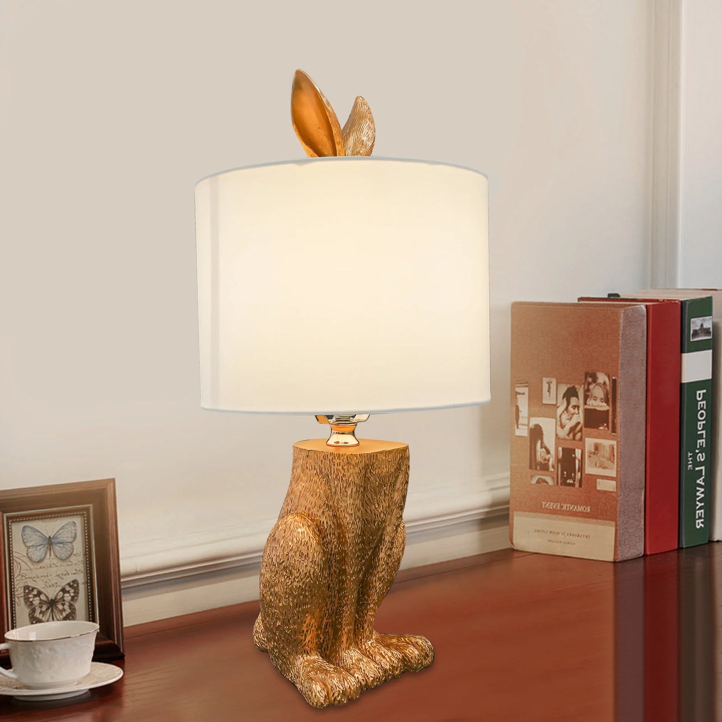 Gold Cute Rabbit Table Lamp, Modern Resin Tabletop Lamp with Push Button Switch, E26 Base for Bedroom Living Room Office Decor