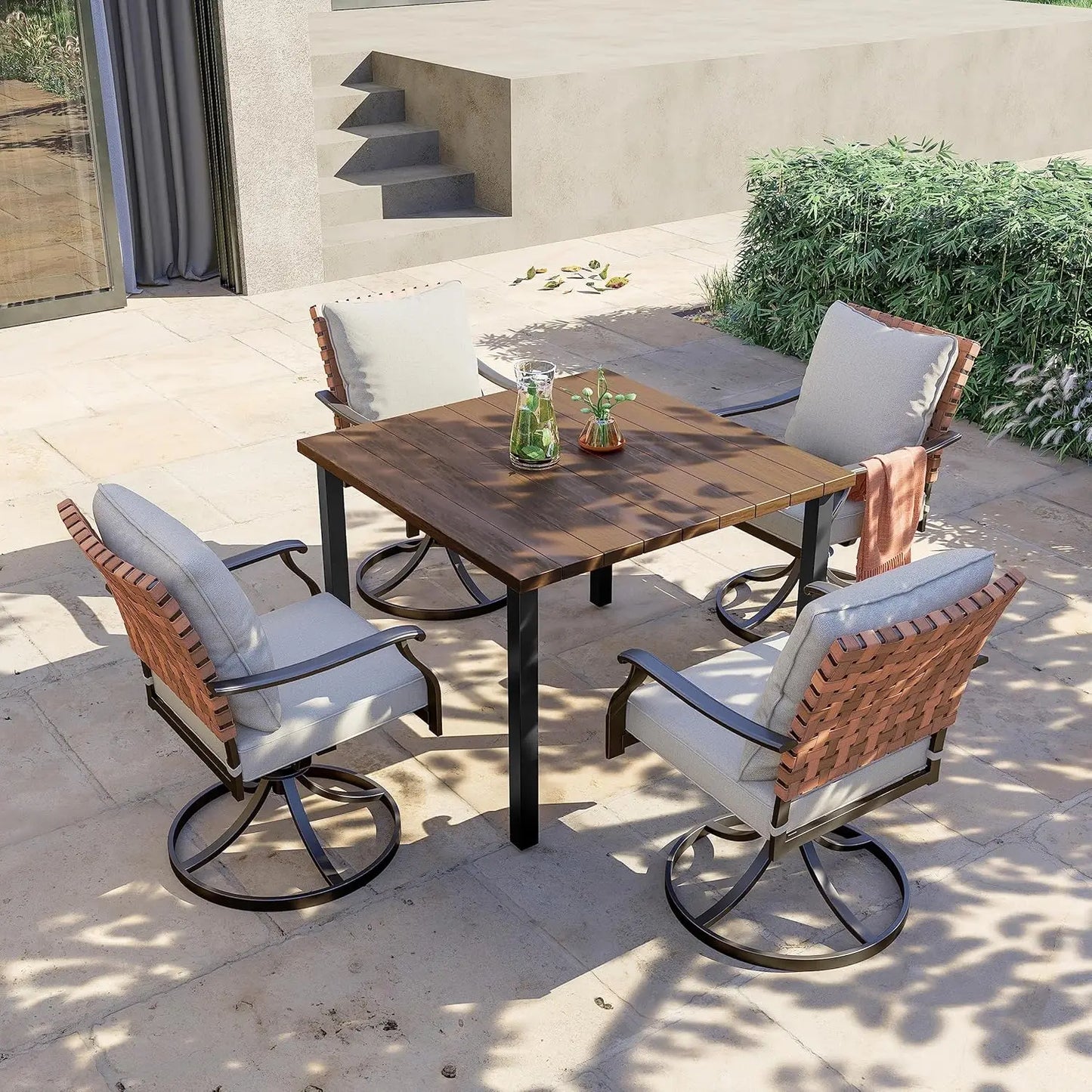 5-Piece Outdoor Dining Set, 4 Leather-Look Wicker Swivel Patio Chairs &  Square Woodgrain Dining Table，Outdoor Furniture Sets