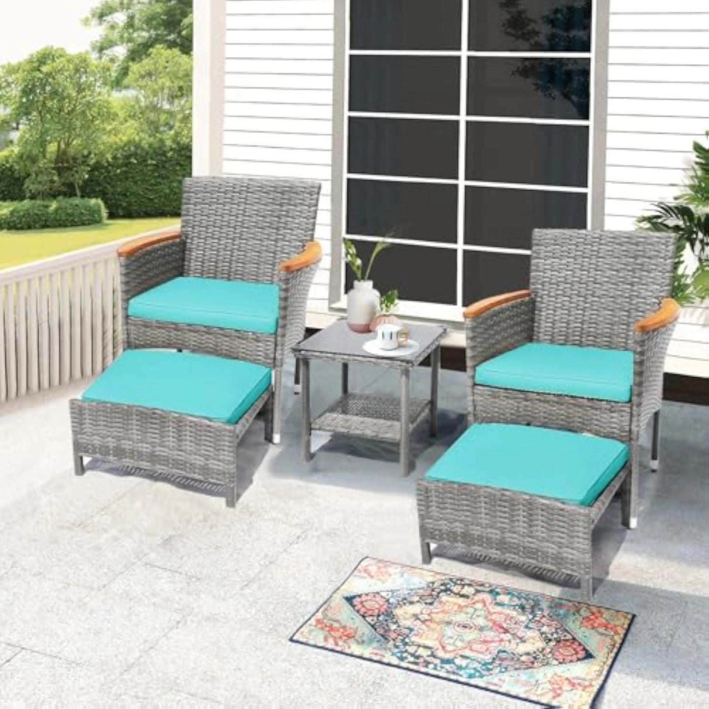 Outdoor Patio Furniture Set with Table & ottoman, 5 Piece Wicker Patio Sets with cushion, Outdoor Furniture Patio Set