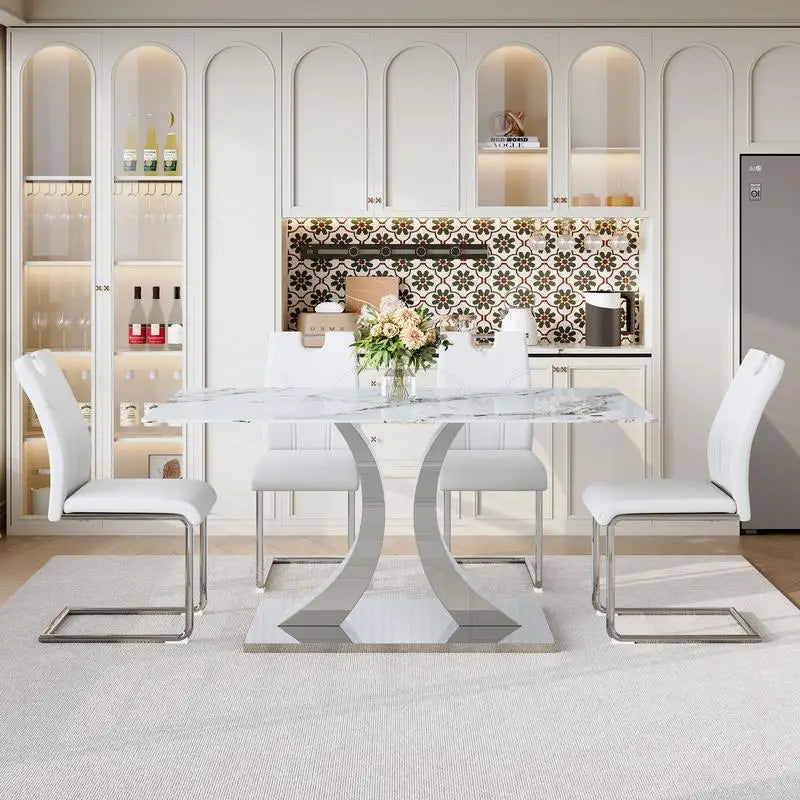 Modern 63-inch Dining Table Set with 4 Upholstered Chairs, White Glass Top & Adjustable Stainless Steel Base, Convertible for