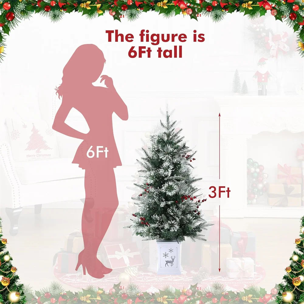 3FT Prelit Artificial Christmas Tress with 78 Lights, Elk Deer Base, Snow Flocked Xmas Tree for Christmas, Bedroom, Window Decor