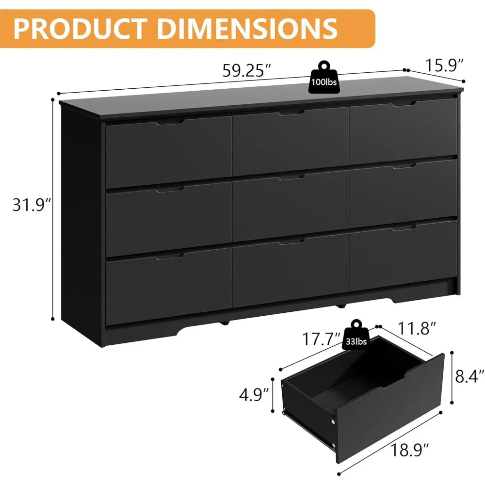 Tradre 59'' Black Dresser for Bedroom, 9 Drawer Wood Dresser with Handle Free, Large Modern Chest of Drawers for Home Office, Li