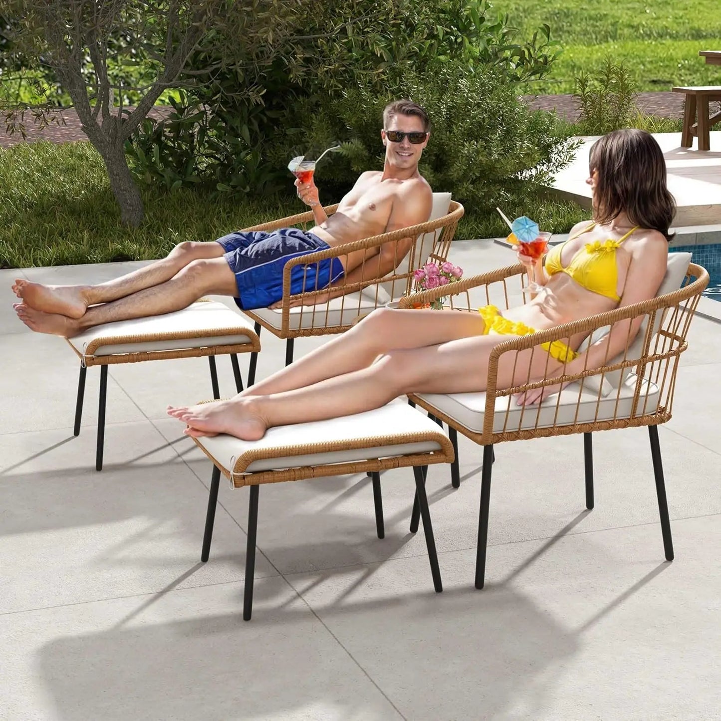 5 Piece Patio Bistro Set, Outdoor Wicker Conversation Set with Ottomans and Side Table, All-Weather Durable Rattan Furniture for