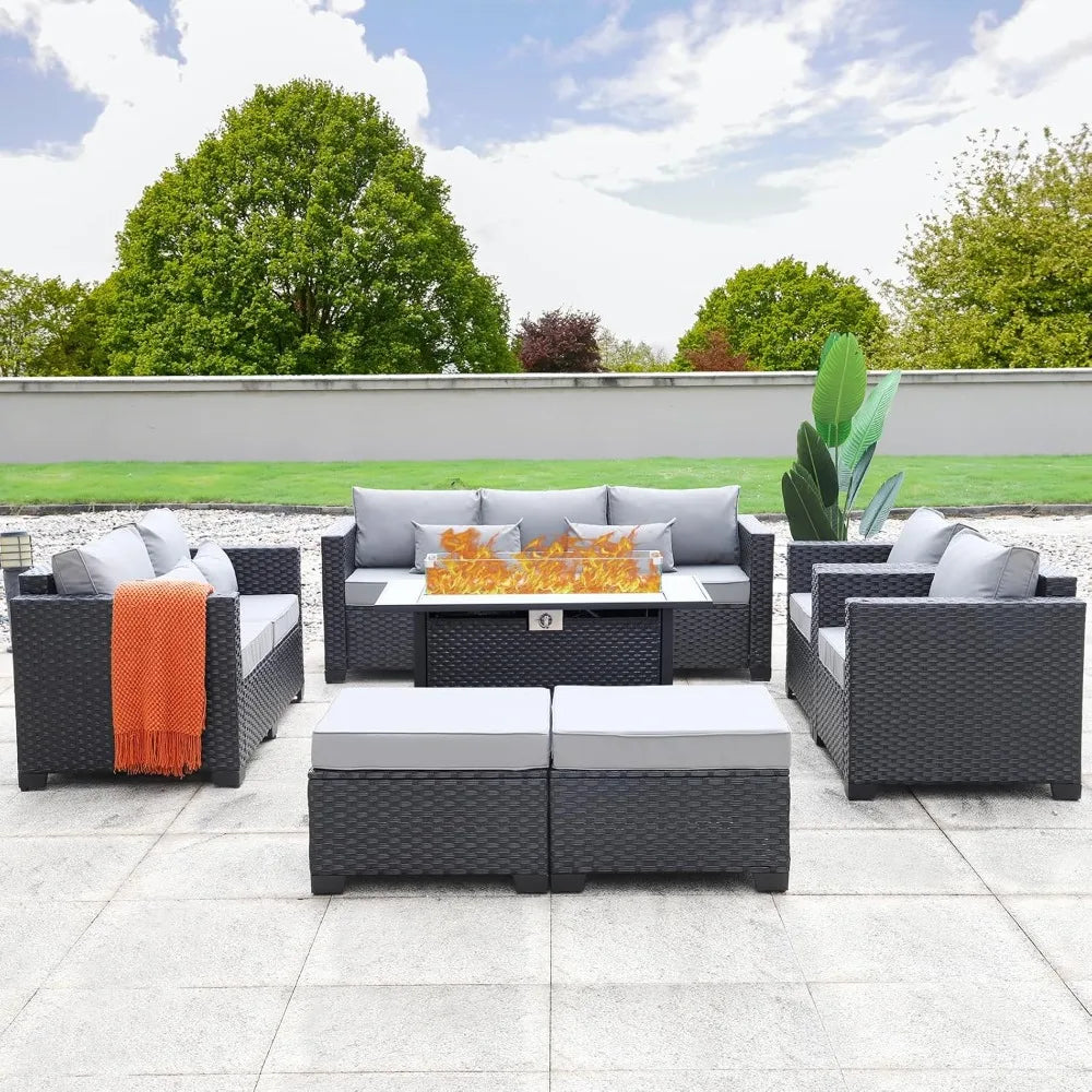 7 Piec Outdoor Furniture Set with 45-Inch Propane Fire Pit Table, No-Slip Cushions and Waterproof Covers, Wicker Furniture Set