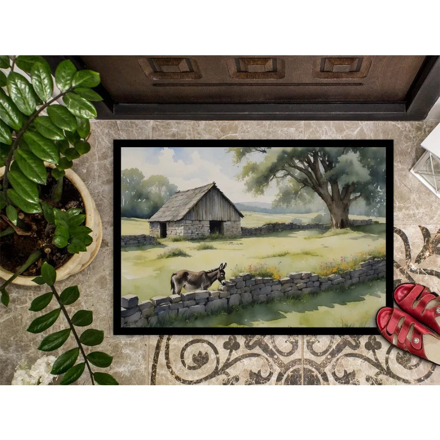 Donkey by the Stone Wall Doormat Front Door Mat Indoor Outdoor Rugs for Entryway Non Slip Washable Low Pile 24H X 36W