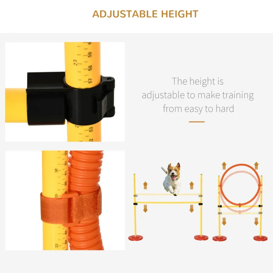 PawHut 3PCs Dog Agility Training Equipment Outdoor Obstacle Course Starter Kit with Hoop Hurdle Weave Poles and Carrying Bag