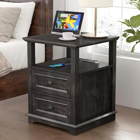 24" Nightstand with Charging Station, End Table with 18W Fast Charge, Side Table with Drawers,Rustic Wood Storage Cabinet with O
