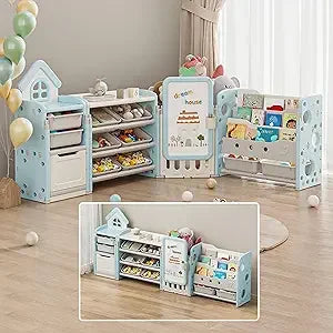Foldable Kids Toy Storage Organizer with 10 Removable Bins and 3-Tier Bookshelf, 4 in 1 Multifunctional Large Toy Organizer with
